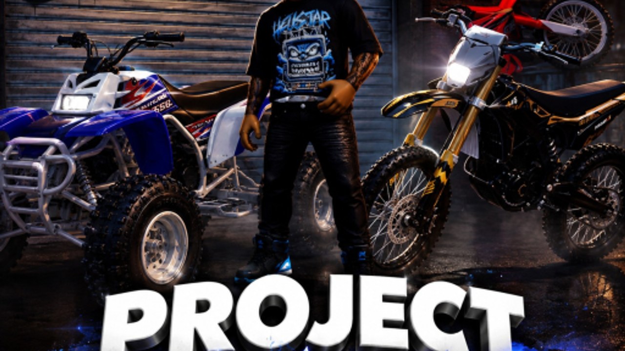 Project-Bikelife-Garage bei Nacht mit Fahrer, blauem ATV und geparktem Dirtbike